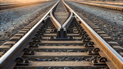 Fototapeta premium A side view of a rail switch positioned on gravel with a focus on the alignment of the switch points and surrounding track revealing the intricate design meant for efficient rail