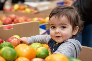 Fototapeta premium Cute toddler selecting fresh produce from cardboard boxes at a grocery store, promoting healthy eating habits from a young age