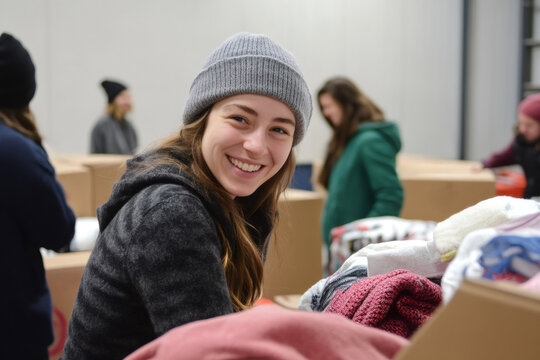 Young smiling woman packing winter clothes for donation in cardboard box, helping people in need