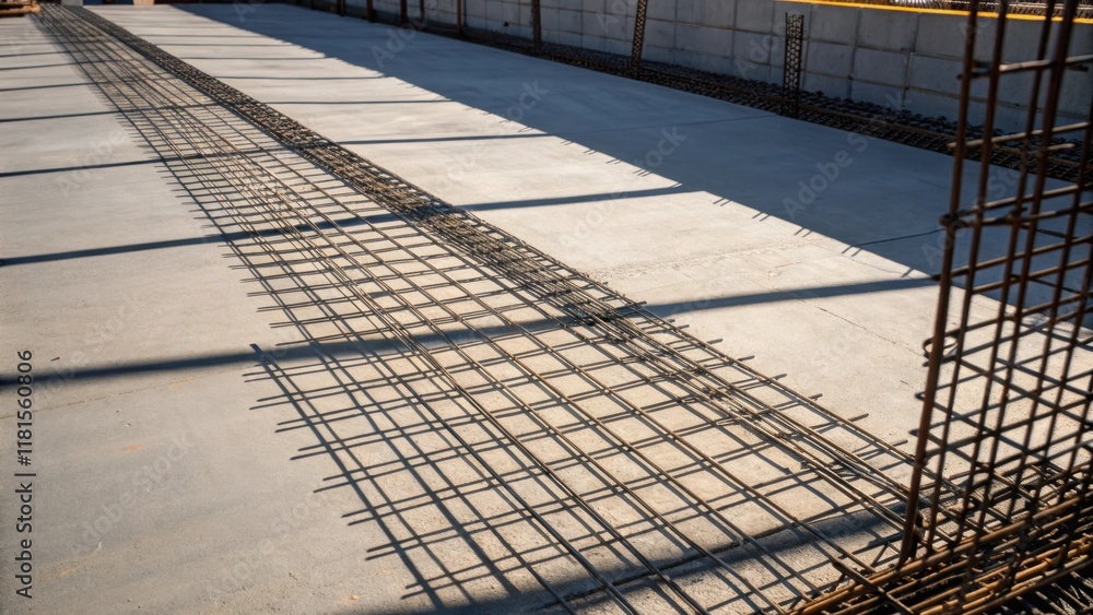 Poster A slightly elevated view reveals the shadow patterns cast by the stacked reinforcement mesh against the freshly poured concrete surface creating an abstract interplay of light and
