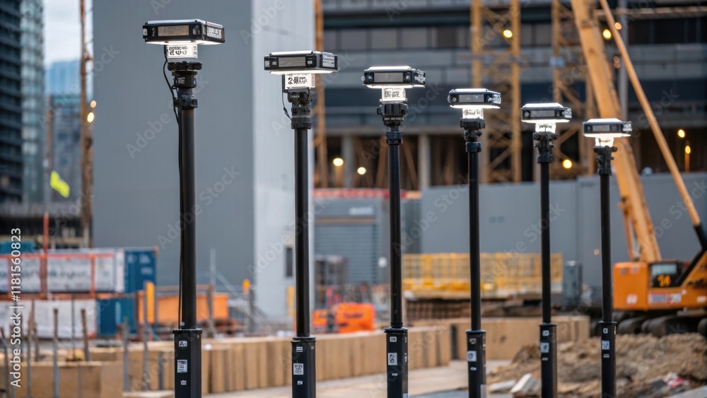 Poster Ast a backdrop of a construction yard several light poles stand vertically their heights varying in a synchronized display. Details of mounting brackets and power cabling are