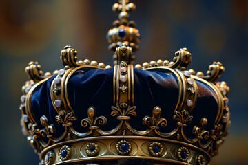 Majestic golden crown adorned with blue velvet, precious gems, and intricate details, symbolizing royalty, power, and authority