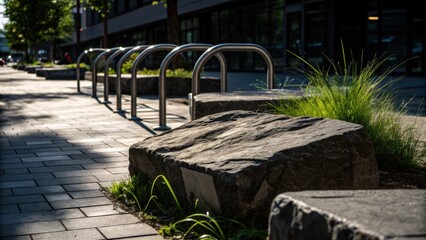 A snapshot capturing the texture of a rugged stone seating area adjacent to metal bike racks. The contrast of materials from the cool stone to the sleek metal is punctuated by