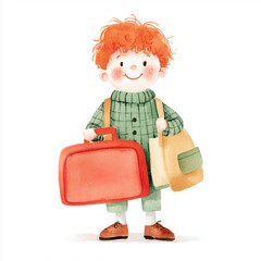 First Day Back to School Supplies. Cheerful child with red hair carrying bags and smiling brightly.