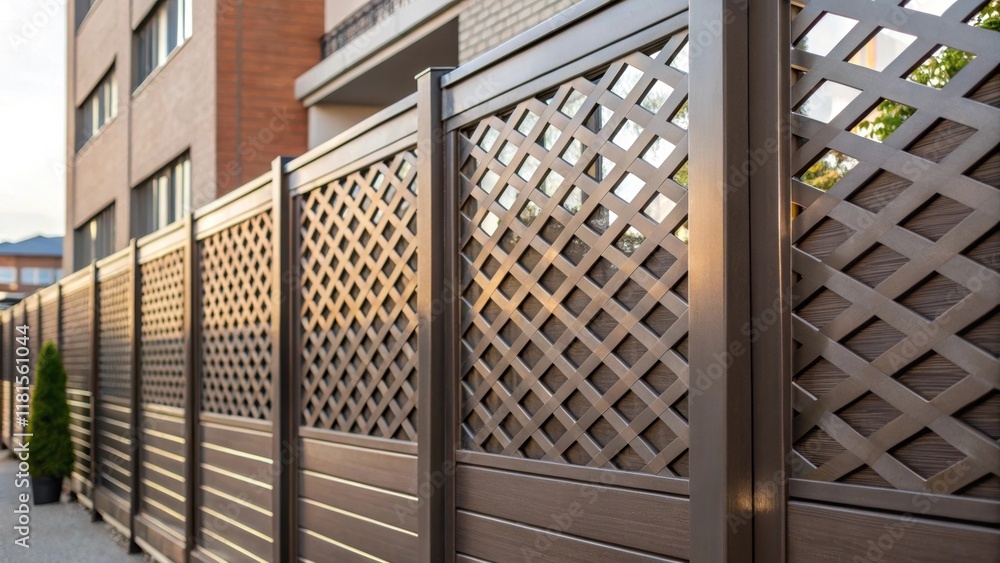 Poster A textured closeup of rustresistant aluminum fencing sections featuring a modern lattice design that allows light to filter through while maintaining privacy. The metallic finish
