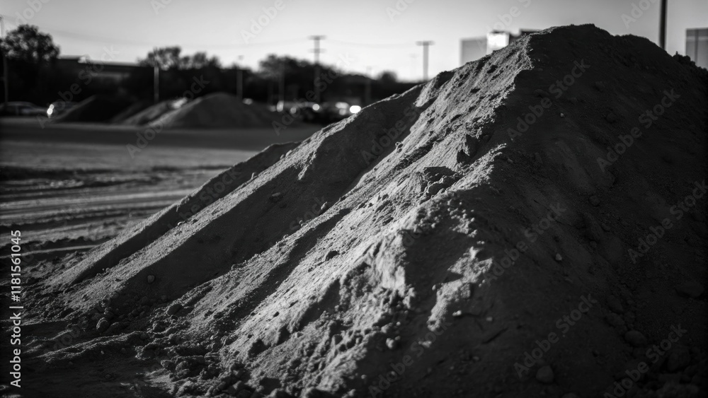 Poster A stark monochromatic closeup depicts the shadows cast by the soil mound in the soft evening light. The play of light and dark reveals the various depressions and inclines of the