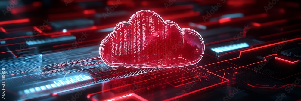 Poster Futuristic cloud computing concept with glowing digital red cloud interface on circuit board : Generative AI