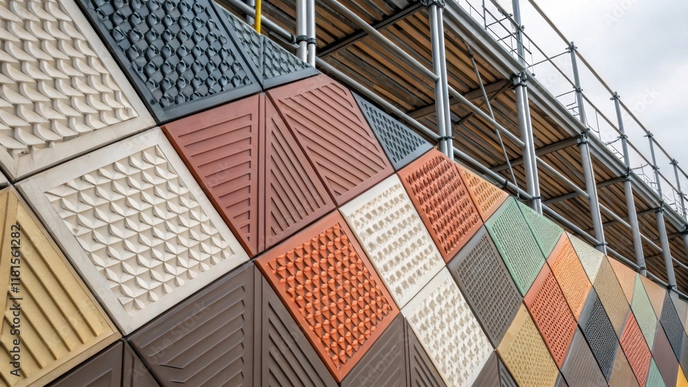 Poster A tightly cropped perspective showcases the diverse patterns of modular cladding panels each overlapping slightly. The backdrop of scaffolding creates a layered effect with