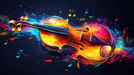 Fototapeta premium A glowing violin surrounded by abstract strokes of vibrant colors and scattered musical notes