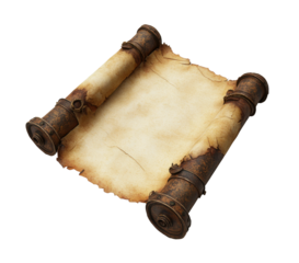 Aged parchment scroll with curled edges, textured antique paper for historical documents, vintage blank manuscript background for writing or design isolated on transparent background