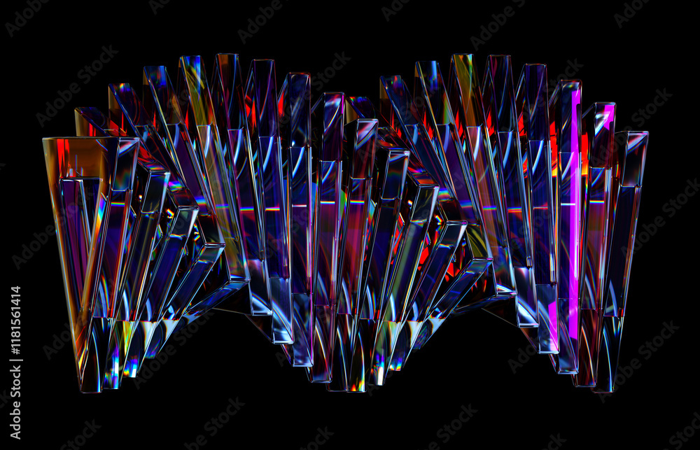 Poster glass shapes with colorful refraction 3d render. isolated on black.