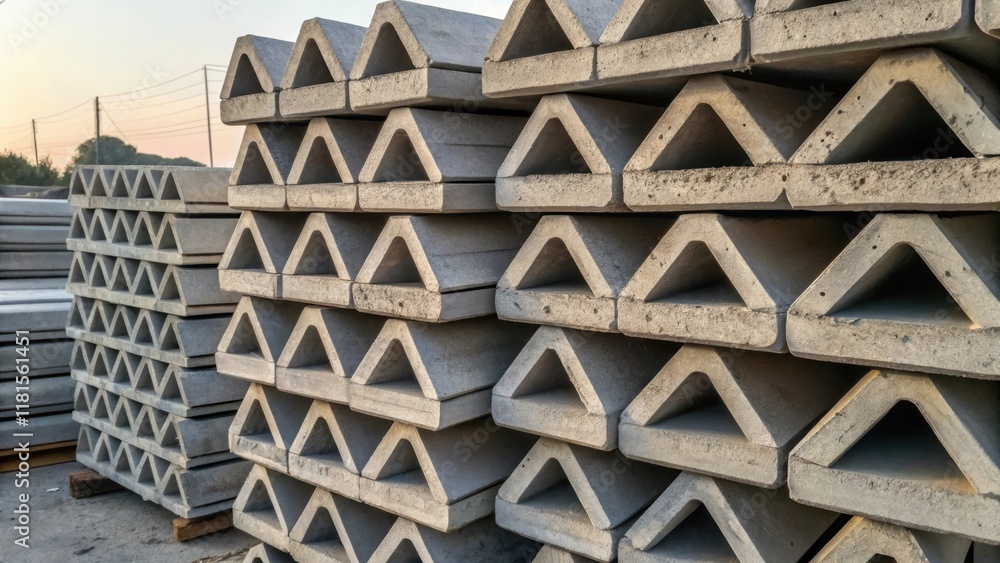 Poster A tightly framed shot of a stack of preformed concrete medians arranged meticulously in a storage yard. The geometric shapes create a visually striking pattern with varying shades