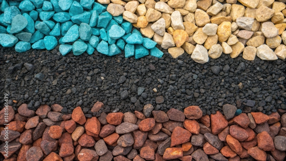 Poster A tight shot emphasizing the contrast between the vibrant colors of gravel and the darker foundation beneath. Each layer of compacted stone appears meticulously p with the textures