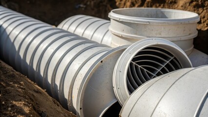 A tight shot of a group of ventilation duct components emphasizing their varied sizes and shapes. One piece rests atop another showing the wear and scratches acquired during