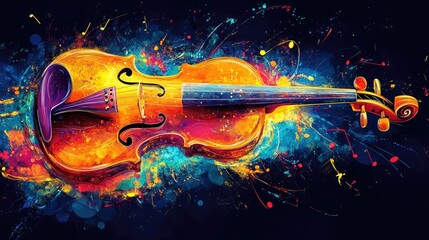 A glowing violin surrounded by abstract strokes of vibrant colors and scattered musical notes