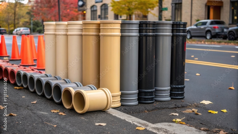 Poster A vibrant arrangement of varioussized stormwater drainpipes p on an asphalt surface showcasing a color palette of beige gray and black. Each pipe reflects the surrounding colors of