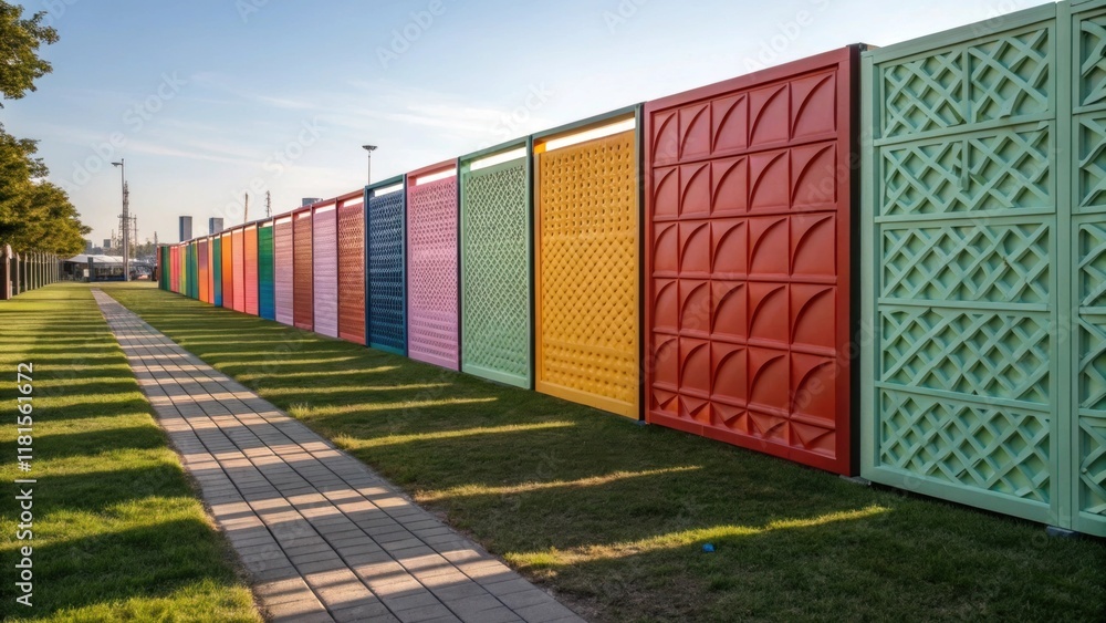 Aufkleber A vibrant array of modular noise barrier panels arranged in an open field with sunlight casting shadows that create intricate patterns. The barriers display various color options