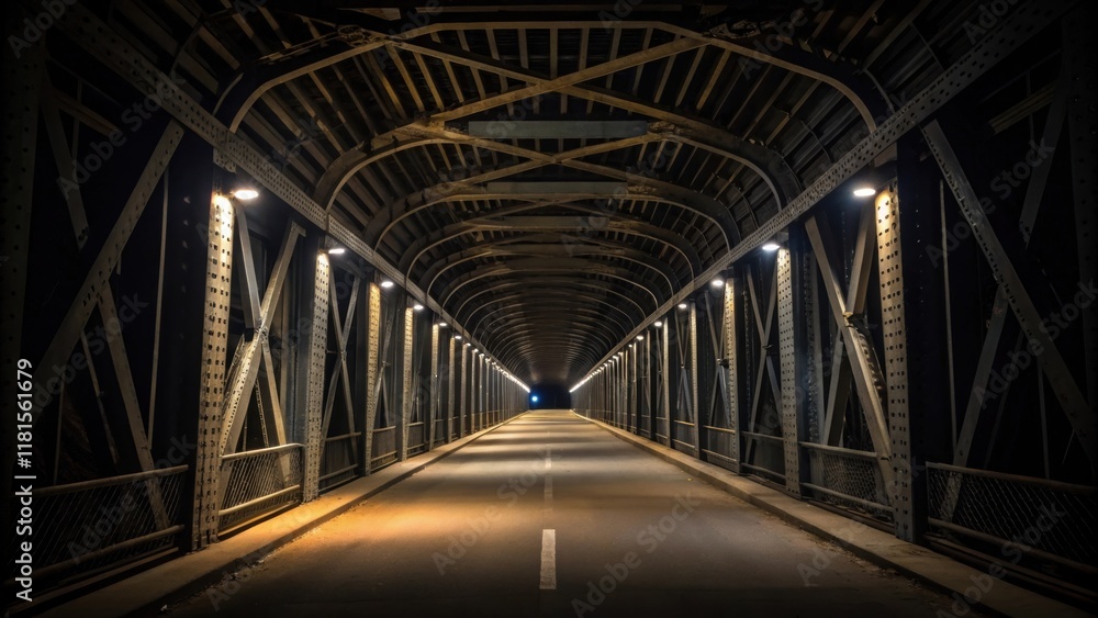 Poster A vantage point showing the tunnel entrance illuminated by artificial lights causing the steel framing to cast elongated shadows creating an interplay of light and dark that