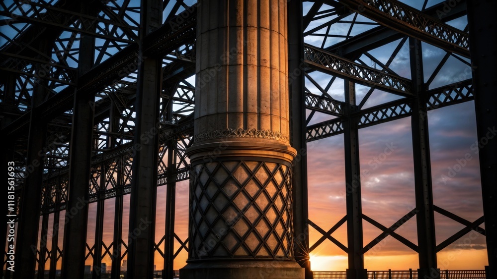 Poster A vertical shot focusing on a singular pillar at dusk with shadows accentuating the intricate lattice of steel underneath the fading light creating a dramatic interplay of light