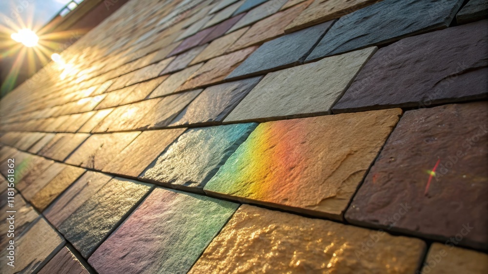 Poster A vibrant closeup capturing the interplay of light on the surface of the stone veneer blocks where sunlight reflects off high points creating a shimmering effect. The colors shift