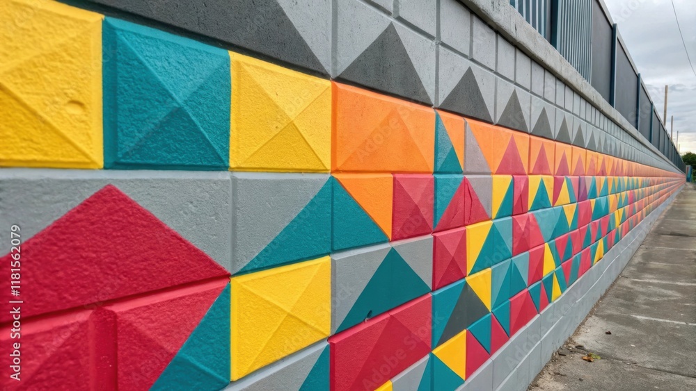 Poster A vibrant soundabsorbing wall painted with a geometric pattern in bold colors creating a striking visual contrast against the dull gray of the surrounding environment. The closeup