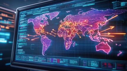 Obraz premium Digital world map displaying data connections and analytics in vibrant colors.