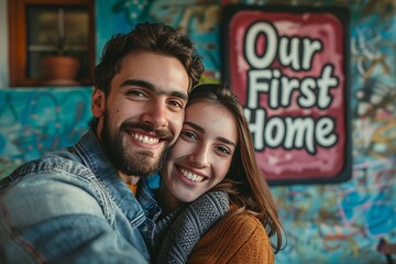 A happy couple poses closely, embracing one another, in front of a vibrant mural. The mural reads Our First Home, highlighting their joyful journey together