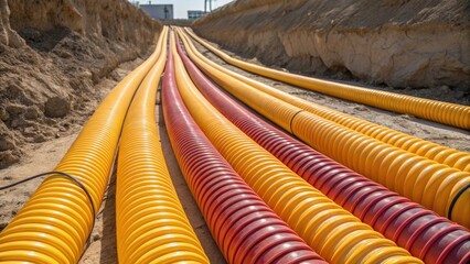 A vibrant image portrays preformed cable ducts arranged in a serpentine flow their flexibility and modularity evident in their curved configurations. A few sunlight reflections on