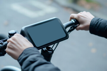 Close up of a cyclist interacting with a high tech bike computer displaying various performance metrics and settings