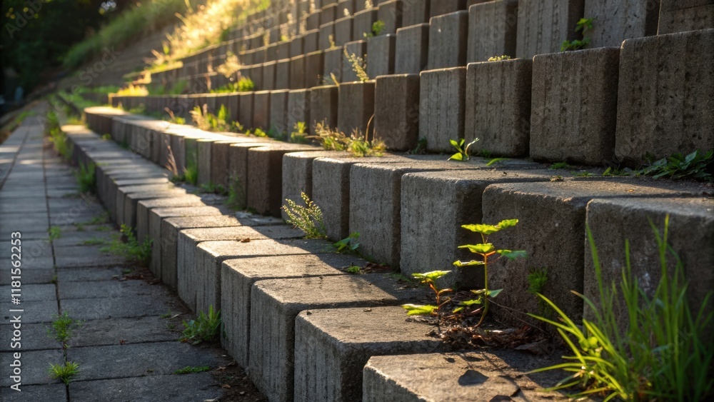 Poster A view looking down the row of retaining wall blocks emphasizing the depth of the stack. The gradients of light and shadow play across the surfaces while weeds begin to sprout