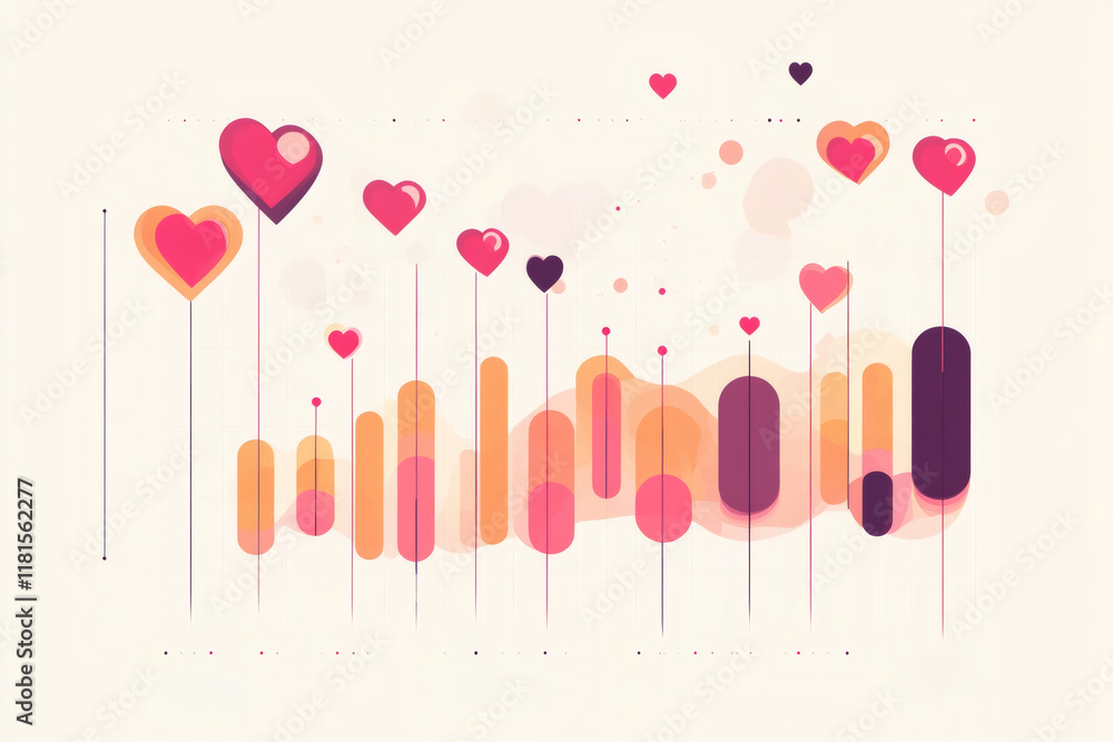 Poster data visualization displaying growing love using hearts, charts, and a warm color palette on a clean