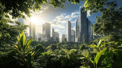 A harmonious urban environment with skyscrapers and diverse plant life, creating a balanced ecosystem