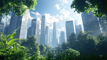 Fototapeta premium A harmonious urban environment with skyscrapers and diverse plant life, creating a balanced ecosystem