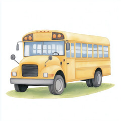 First Day Back to School Supplies. Illustration of a classic yellow school bus on grass.