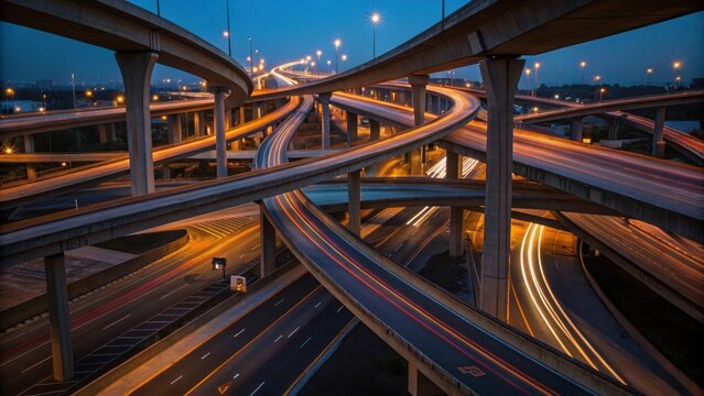 A view of an intricate network of highway signs illuminated at night some flickering and others steady. The variety of shapes and colors creates a visual cacophony against the