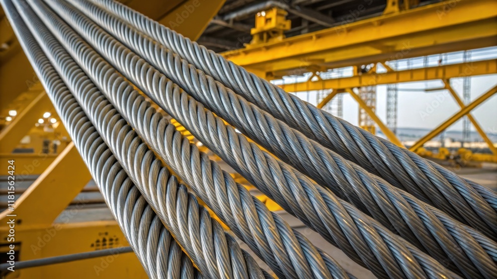 Aufkleber A visually compelling image of steel cables arranged in a cascading pattern where the yellow machinery beams intersect in the background. The reflective surfaces of the cables