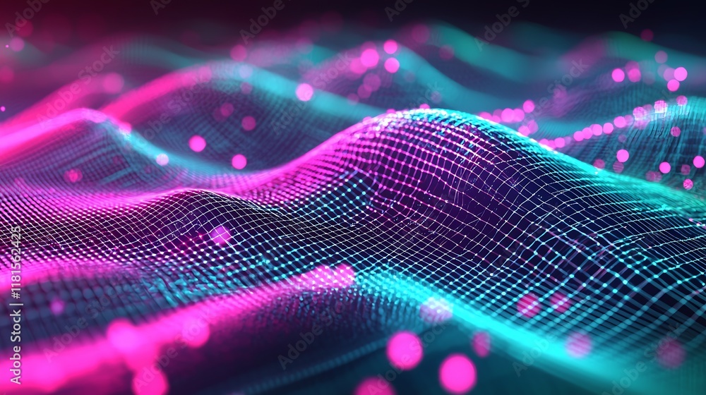 Poster Abstract digital wave pattern with neon pink and blue lights for tech themes : Generative AI
