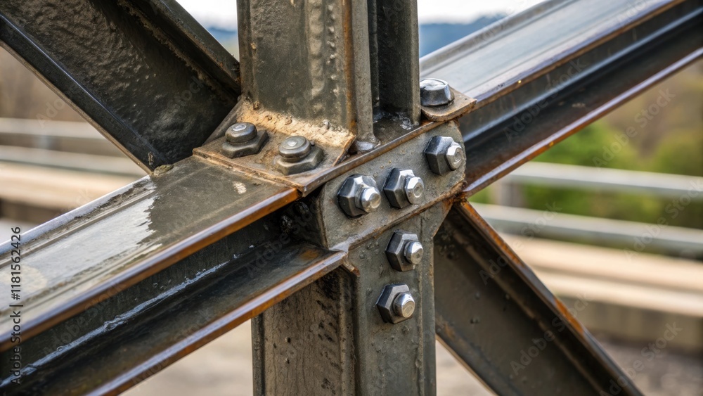 Poster A visually striking closeup of a trusss connection point reveals the robust bracketry used to join multiple pieces together. The mix of shiny and slightly tarnished surfaces