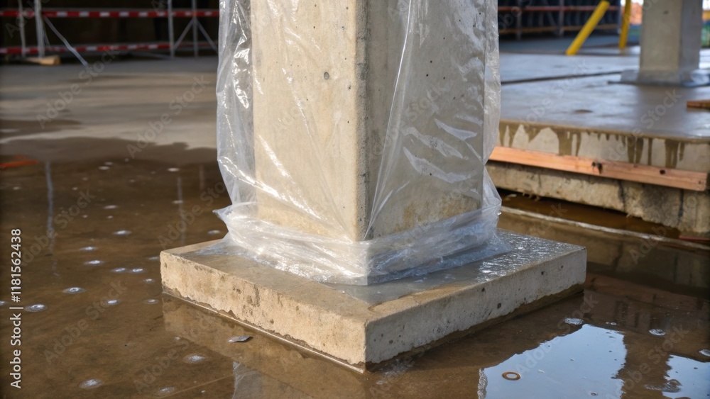 Poster A weathered concrete pillar stands resolute partially enveloped in protective plastic sheeting that s moisture aiding the curing process. The image captures droplets pooling at the