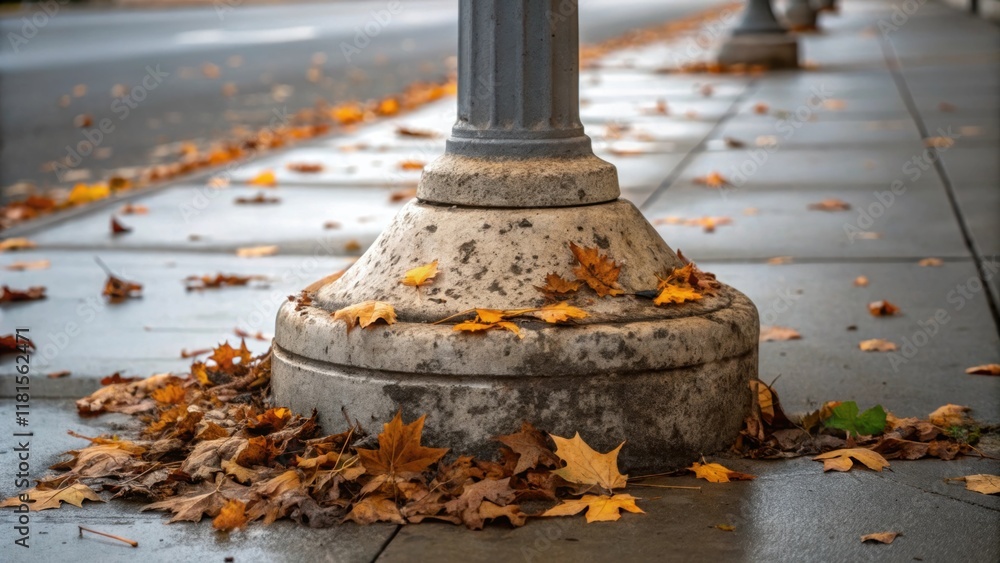 Poster a weathered concrete streetlight base partially covered in tered autumn leaves. the texture of the r