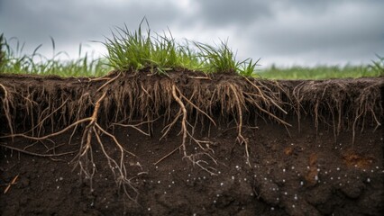 Fototapeta premium A vivid image capturing the texture of exposed roots from nearby vegetation tangled with the disturbed soil of the drainage ditch. Insects scurry over the wet surface and a faint
