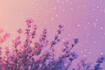 Delicate lavender flowers covered in shimmering snowflakes create a magical scene against a soft pink and purple sunset gradient