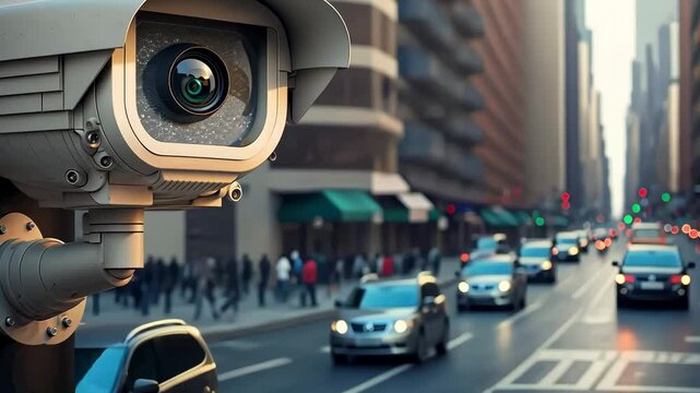 Close-up of a security camera surveilling a busy modern city street