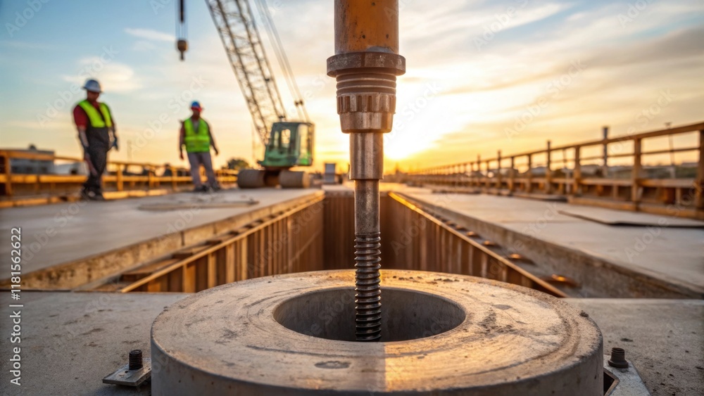 Poster a wide shot of a concrete pier being formed with a drill just lifting itself out of the ground revea