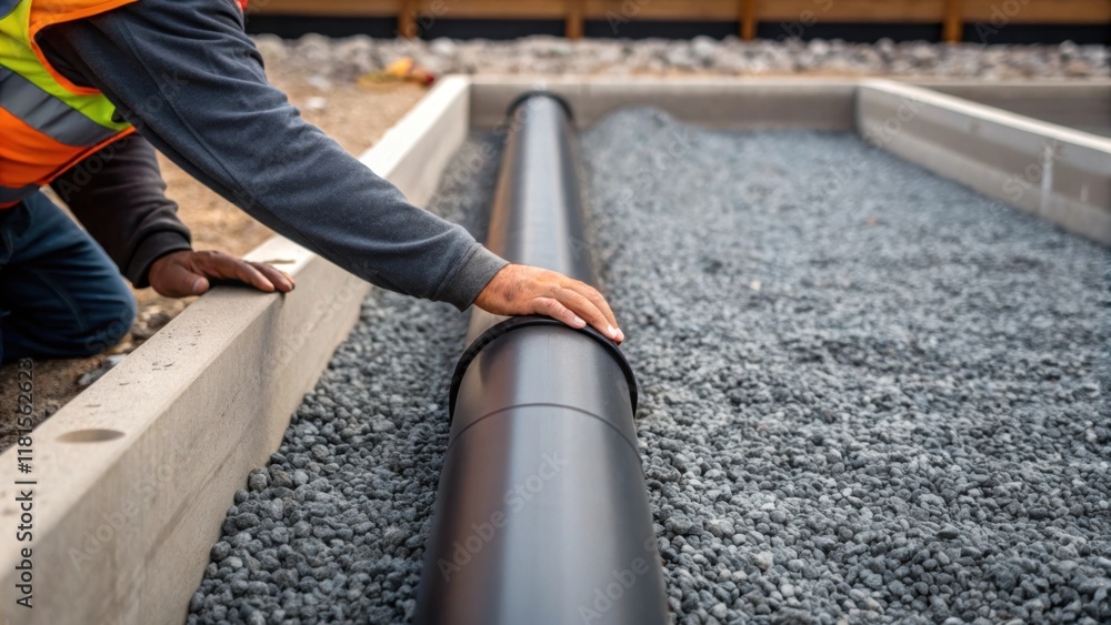 Poster a workers hand reaches out to adjust a perfectly aligned section of drainage pipe the rough texture 