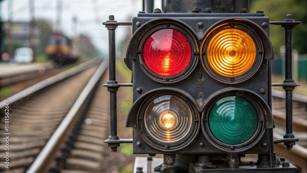 Aufkleber A zoomedin perspective of a railway signal light focusing on the vibrant colors of the lenses the intricate metal frame and the reflective surfaces that hint at its purpose in