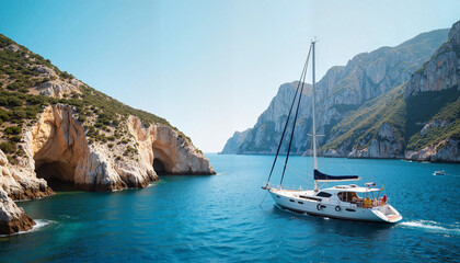 Sailboat anchored in bay Sailboat in crystal-clear sea near rocky cliffs