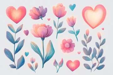 Delicate watercolor illustrations create a dreamy collection of valentine's day stickers, adorned with hearts and flowers in soft pastel hues