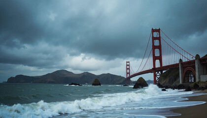 Golden Gate Bridge with stormy sky and ocean waves