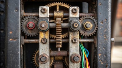 A zoomedin capture of the intricate mechanism behind a signal light featuring gears and levers that operate the light system. Rusty bolts and screws are visible showcasing the wear